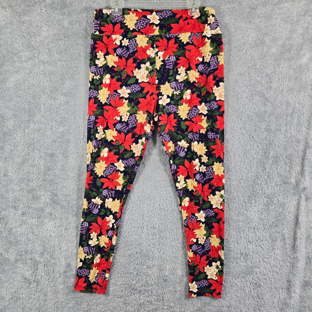 LuLaRoe TC2 Leggings Poinsettia Floral Holiday Christmas Navy Red Plus Size Tall